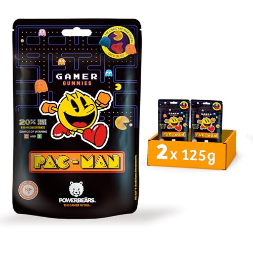 Powerbeärs Gamer Gummies | 2er-Set PAC-MAN Fruchtgummi | 2x125g | Gummibärchen mit 20% Fruchtsaft und Vitaminen in Pac-Man-Formen | Retro Snack für Gaming-Fans | Gamer Geschenk mit Nostalgie-Charakter von naschlabor