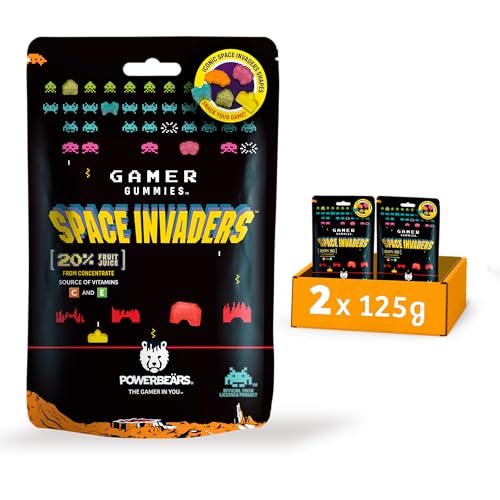 Powerbeärs Gamer Gummies | 2er-Set SPACE INVADERS Fruchtgummi | 2x125g | Gummibärchen mit 20% Fruchtsaft und Vitaminen in Space Invaders-Formen | Retro Snack für Gaming-Fans | Gamer Geschenk von naschlabor