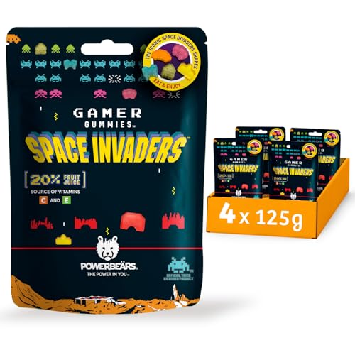 Powerbeärs Gamer Gummies | 2er-Set SPACE INVADERS Fruchtgummi | 4x125g | Gummibärchen mit 20% Fruchtsaft und Vitaminen in Space Invaders-Formen | Retro Snack für Gaming-Fans | Gamer Geschenk von naschlabor