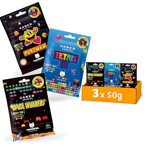 Powerbeärs Gamer Gummies | 3er-Probierset TETRIS, PAC-MAN und SPACE INVADERS | 3x50g | Gummibärchen mit 10% Fruchtsaft in Videospiel-Formen | Retro Snack für Gaming-Fans & Nostalgie-Liebhaber von naschlabor