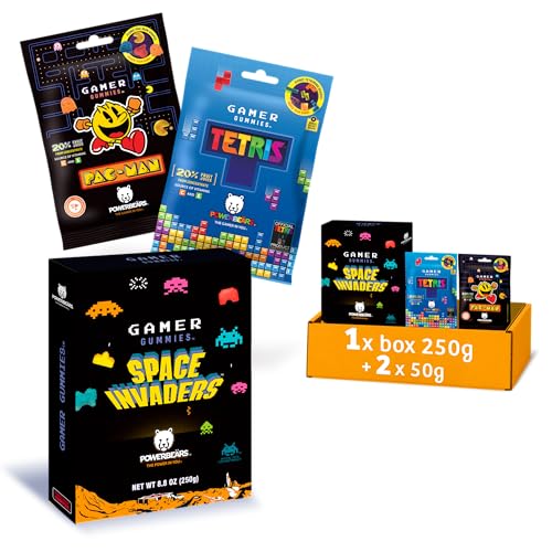 Powerbeärs Gamer Gummies | 3er-Set SPACE INVADERS Gift Box 250g und PAC-MAN + TETRIS 2x50g | Gummibärchen mit 20% Fruchtsaft in Videospiel-Formen | Retro Snack für Gaming-Fans & Nostalgie-Liebhaber von naschlabor