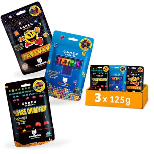 Powerbeärs Gamer Gummies | 3er-Set TETRIS, PAC-MAN & SPACE INVADERS | 3x125g | Gummibärchen mit 20% Fruchtsaft in Videospiel-Formen | Retro Snack für Gaming-Fans & Nostalgie-Liebhaber von naschlabor