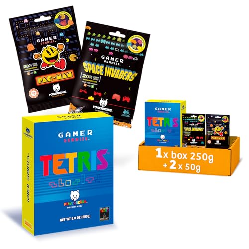 Powerbeärs Gamer Gummies | 3er-Set TETRIS Gift Box 250g und PAC-MAN + SPACE INVADERS 2x50g | Gummibärchen mit 20% Fruchtsaft in Videospiel-Formen | Retro Snack für Gaming-Fans & Nostalgie-Liebhaber von naschlabor