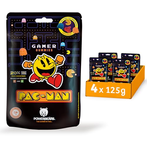 Powerbeärs Gamer Gummies | 4er-Set PAC-MAN Fruchtgummi | 4x125g | Gummibärchen mit 20% Fruchtsaft und Vitaminen in Pac-Man-Formen | Retro Snack für Gaming-Fans | Gamer Geschenk mit Nostalgie-Charakter von naschlabor