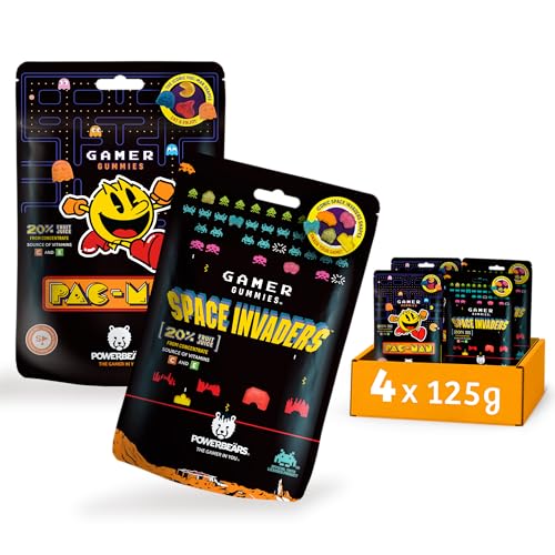 Powerbeärs Gamer Gummies | 4er-Set PAC-MAN und SPACE INVADERS | 4x125g | Gummibärchen mit 20% Fruchtsaft in Pac-Man und Space Invaders Formen | Retro Snack für Gaming-Fans & Nostalgie-Liebhaber von naschlabor