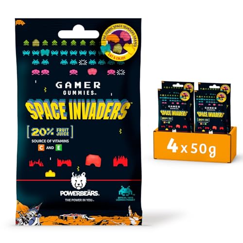 Powerbeärs Gamer Gummies | 4er-Set SPACE INVADERS Fruchtgummi | 4x50g | Zuckerreduzierte Gummibärchen mit 10% Fruchtsaft in Space Invaders-Formen | Retro Snack für Gaming-Fans | Gamer Geschenk von naschlabor