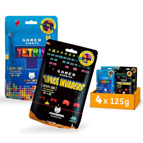 Powerbeärs Gamer Gummies | 4er-Set TETRIS und SPACE INVADERS | 4x125g | Gummibärchen mit 20% Fruchtsaft in Tetris und Space Invaders Formen | Retro Snack für Gaming-Fans & Nostalgie-Liebhaber von naschlabor