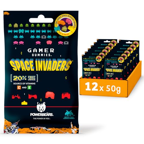 Powerbeärs Gamer Gummies | SPACE INVADERS Fruchtgummi | Zuckerreduzierte Gummibärchen mit 10% Fruchtsaft in Space Invaders-Formen | Retro Snack für Gaming-Fans | Gamer Geschenk | 12x50g von naschlabor