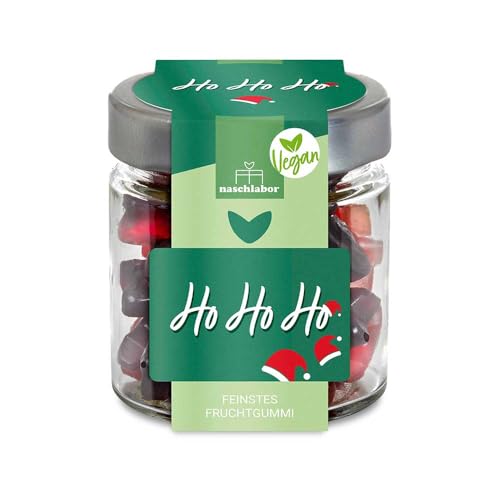 Vegan Ho Ho Ho Fruchtgummi in Geschenkglas 120g | Veganes Geschenk für Familie, Freunde und Kollegen | 20% sortenreiner Fruchtsaft | Mitbringsel Geschenk für Weihnachten und Nikolaus von naschlabor