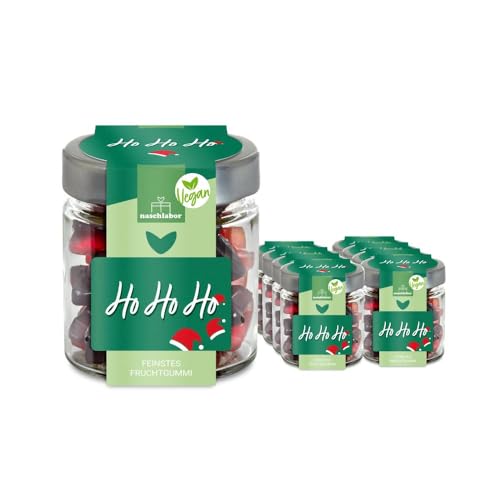 Vegan Ho Ho Ho Fruchtgummi in Geschenkglas 120g | Veganes Geschenk für Familie, Freunde und Kollegen | 20% sortenreiner Fruchtsaft | Mitbringsel Geschenk für Weihnachten und Nikolaus von naschlabor