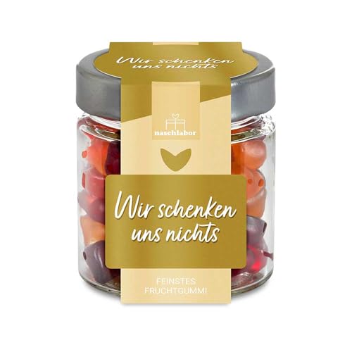 Wir schenken uns nichts Fruchtgummi in Geschenkglas 120g | Süße Kleinigkeit | Mitbringsel für Weihnachten, Geburtstag, Ostern | Spaßgeschenk | Für alle, die sich nichts wünschen von naschlabor