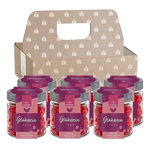 naschlabor | Glühwein To Go | 6x Weihnachtspräsent für Freund, Freundin und Familie | alkoholfrei und aromatisch | Gummibärchen im hochwertigen Rundglas mit praktischem Sixpack Karton von naschlabor