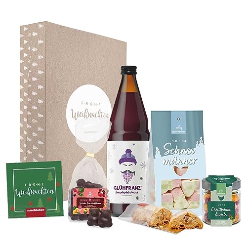 naschlabor | Weihnachtsgeschenkbox exklusiv | Frohe Weihnachten und Weihnachtswünsche | Ein Geschenk für Frauen und Männer in der Weihnachtszeit | Marshmallows und Fruchtgummis zu Weihnachten von naschlabor