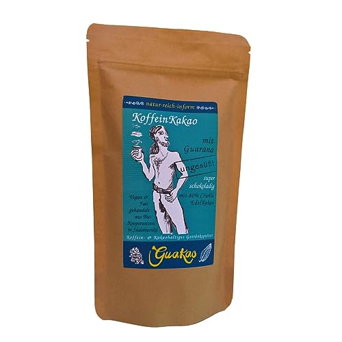 GuaKao ungesüßt - der KoffeinKakao mit Guarana. Das Getränkepulver mit über 15% koffeinhaltigem Guarana, super schokoladig dank 80% Criollo-Edelkakao und gänzlich ohne Zuckerzugabe. von natur-reich-inform