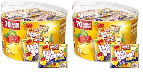 nimm2 Lachgummi Minis Runddose – 1 x 735g (70 Mini Packs) – Fruchtgummi mit Fruchtsaft und Vitaminen (Packung mit 2) von nimm2 Lachgummi