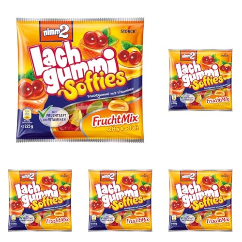 nimm2 Lachgummi Softies FruchtMix – 1 x 225g – Gefülltes Fruchtgummi mit Fruchtsaft und Vitaminen (Packung mit 5) von nimm2 Lachgummi