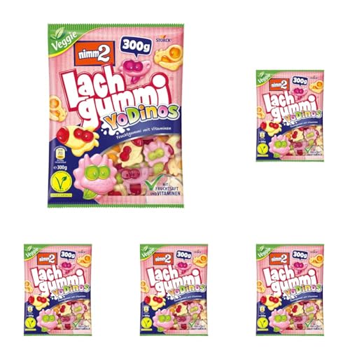 nimm2 Lachgummi YoDinos – 1 x 300g – Vegetarisches Fruchtgummi mit Fruchtsaft, Vitaminen und Joghurt (Packung mit 5) von nimm2 Lachgummi