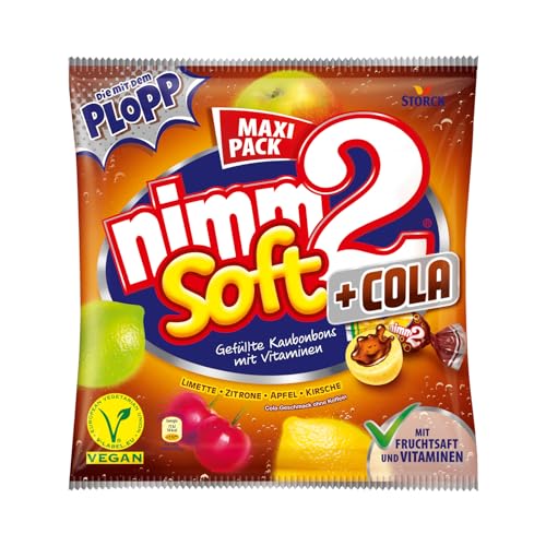 nimm2 Soft +Cola – 1 x 345g Maxi Pack – Gefüllte Kaubonbons in vier mit Frucht- und Cola-Geschmack von nimm2 soft