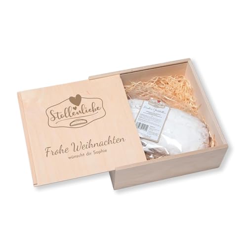 Stollenliebe Geschenkpaket, Weihnachtsstollen in der Holz-Stollenkiste Individuelle Gravur (1kg Rosinenstollen, Stollenliebe INDIVIDUELL) von nox light