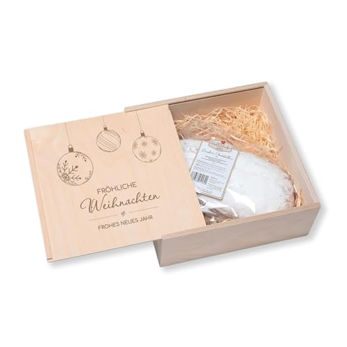 Stollenliebe Geschenkpaket, Weihnachtsstollen in der Holz-Stollenkiste Individuelle Gravur (1kg Rosinenstollen, Weihnachtskugeln) von nox light