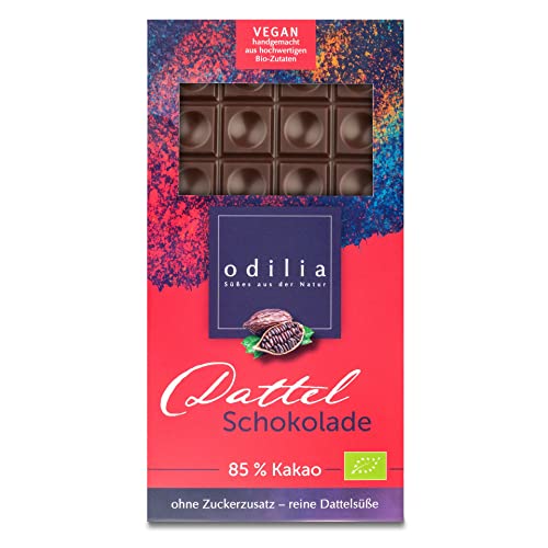 Odilia Dunkle Verführung: 70g Bio Dattel Schokolade | & Vegan und Ohne raffinierten Zucker (Dattelsüße) | 85% Kakao | Handgefertigt Made in Germany von odilia