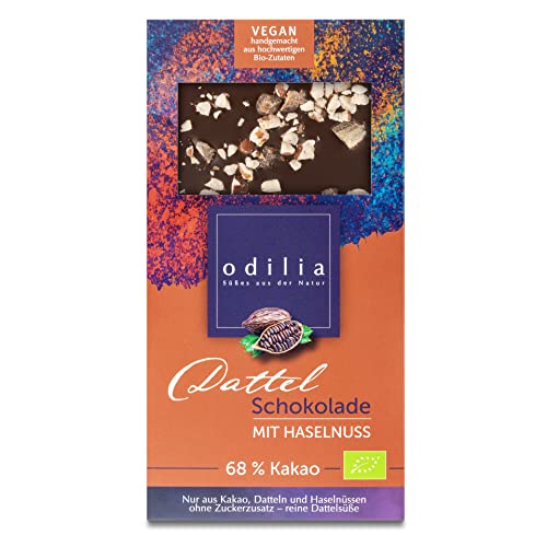 Odilia Bio Dattel Schokolade mit Haselnüssen & 68% Kakao | Handgemacht & Vegan | Ohne Zusatz von raffiniertem Zucker (Dattelsüsse) & Gluten-& laktosefrei & Ohne Konservierungsstoffe | Made in Germany von odilia