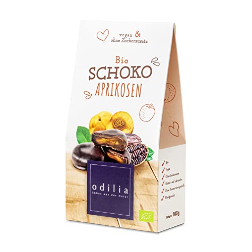 Odilia Bio Schoko Aprikosen 100g | Saftige Aprikosen in zarter Schokolade | Vegane & glutenfreie Nascherei | Ohne raffinierten Zucker | Mit Datteln gesüßt | Made in Germany von odilia