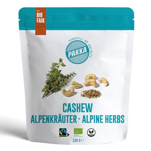 PAKKA Bio Fairtrade Cashews mit feinsten Schweizer Alpenkräutern 800gr – 0,8kg, Öko & Fair geröstet, Burkina Faso Cashew Kerne, gewürzte Kräuter Nüsse, vegan, Familienpackung, Value-Pack 8x100g von pakka