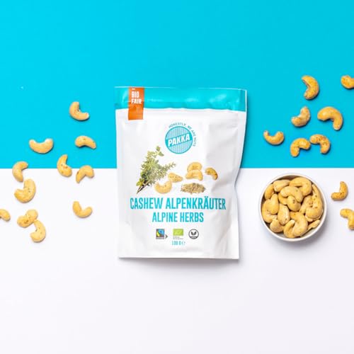 PAKKA Bio Fairtrade Cashews mit feinsten Schweizer Alpenkräutern 800gr – 0,8kg, Öko & Fair geröstet, Burkina Faso Cashew Kerne, gewürzte Kräuter Nüsse, vegan, Familienpackung, Value-Pack 8x100g von pakka