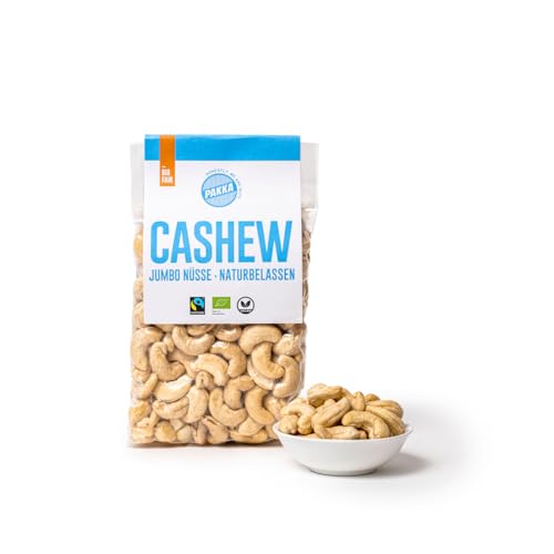 PAKKA Bio Fairtrade Jumbo Cashews nature, roh & ungeröstet, 450g, indische Cashewkerne Öko & Fair, direkt hergestellt und abgefüllt vom Produzenten in Kerala, vegan, 450g von pakka