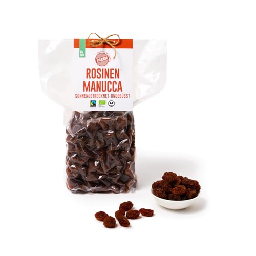 PAKKA - Bio Fairtrade Jumbo Manucca Rosinen 1kg mit 2 – 3 knusprigen Kernen, sonnengetrocknete Manukka Weinbeeren, ungeölt daher klebrig, ungeschwefelt, von Kleinbauern aus Samarkand Usbekistan 1000g von pakka