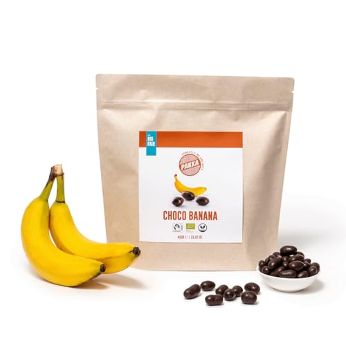 PAKKA Bio Fairtrade Schoko Bananen, 450g, Öko & Fair schokoliert, Bananen Dragees, direkt hergestellt und abgefüllt vom Produzenten in Kolumbien, vegan, dragiert, 450g von pakka