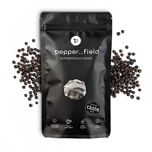 Pepper Field Kampot Pfeffer Schwarz – Premium Schwarzer Pfefferkörner Ganz aus Kambodscha, Frisch & Aromatisch, Ganze Pfefferkörner für Mühle & Küche, Great Taste, Ideal zum Kochen & Grillen, 100g von .pepper..field