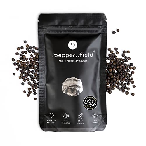 Pepper Field Kampot Pfeffer Schwarz – Premium Schwarzer Pfefferkörner Ganz aus Kambodscha, Frisch & Aromatisch, Ganze Pfefferkörner für Mühle & Küche, Great Taste, Ideal zum Kochen & Grillen, 50g von .pepper..field