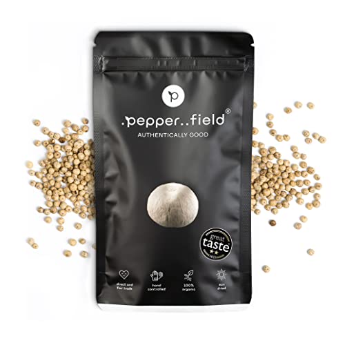 Pepper Field Kampot Pfeffer weiß 100g - Pfefferkörner weiß - 100% Echter White Pepper aus Kampot, Kambodscha g.g.A. - Weißer Pfeffer Ganz - Pfeffer für Mühle & Pfeffermühle zum Mahlen von .pepper..field