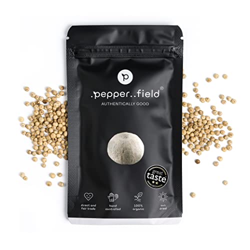 Pepper Field Kampot Pfeffer 50g - Pfefferkörner weiß - 100% Echter White Pepper aus Kampot, Kambodscha g.g.A. - Weißer Pfeffer Ganz - Pfeffer für Mühle & Pfeffermühle zum Mahlen von .pepper..field