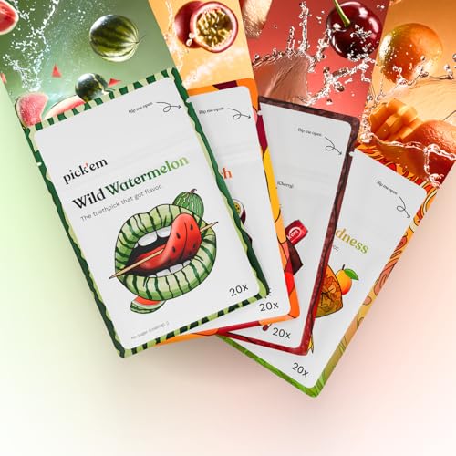 pick'em Zahnstocher mit Geschmack Frisch & Fruchtiges 4-Pack [80x Zahnstocher] - die Lifestyle-Alternative zum Kaugummi (frisch & fruchtig) - Zahnstocher mit Geschmack - aromatisierte Zahnstocher von pick'em