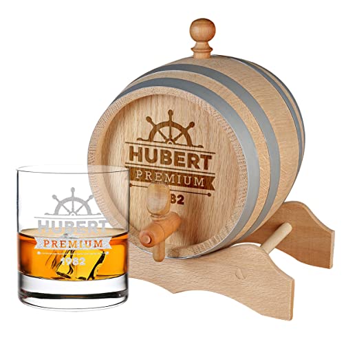 2-TLG Whisky Geschenkset personalisiert - Holzfass 2 L mit Zapfhahn, Whiskyglas 320 ml - Geburtstag, Weihnachten - Männergeschenk - für Spirituosen - Scotch, Bourbon, Whiskey - Motiv Steuerrad von polar-effekt