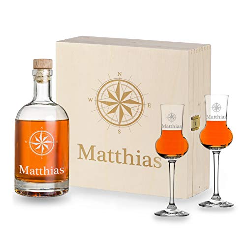 Geschenkset 4-TLG Likör | Ideal für Likör, Whisky, Scotch | Für Genießer | Mann und Frau | 2X Likörgläser 87 ml und 1 Likörflasche 700 ml | 1x gravierte Holzkiste | personalisiert | Motiv Kompass von polar-effekt