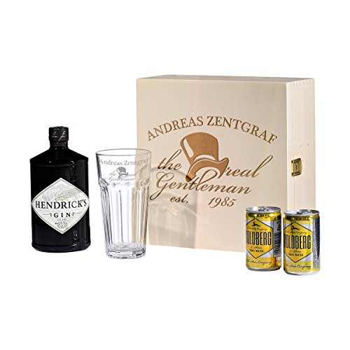 polar-effekt 5-TLG Gin & Tonic Geschenk-Set mit Hendricks - Longdrink-Glas in Geschenkbox Gin-Glas Personalisiert mit Gravur - Motiv The real Gentleman von polar-effekt