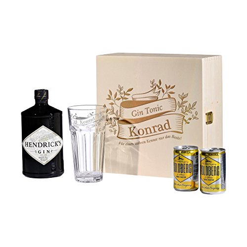 polar-effekt 5-TLG Gin & Tonic Geschenk-Set mit Hendricks - Longdrink-Glas in Geschenkbox - Gin-Liebhaber Gin-Glas Personalisiert mit Gravur - Motiv Vintage Gin von polar-effekt