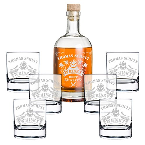 polar-effekt 7-TLG Geschenk-Set Personalisiert mit Gravur - Whiskyflasche und 6 Whiskygläser - Glas-Karaffe Inhalt: 700ml - Geschenkidee für Männer - Motiv Piratenschiff von polar-effekt