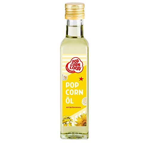 Popcornloop Popcorn Öl für Mais 250 ml Flaschen Hocherhitzbar Butter High Oleic Fett mit Butteraroma Buttergeschmack Oil Omega Hocherhitzbares Bratöl Popcornmaschine Zucker Salz Rapsöl Sonnenblumenöl von popcornloop