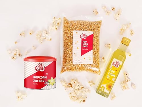 Popcornloop Zutaten Set Popcorn Puffmais Butterfly Mais 1kg, Popcornzucker mit Vanille 300g, Popcornöl 250ml mit Butteraroma, für Popcorn Zuhause Partyset Popcornset für Popcornmaschine von popcornloop