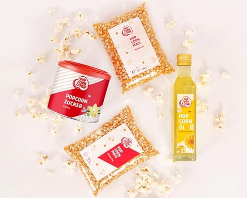 Popcornloop Zutaten Set mit Butterfly & Mushroom Mais je 500g,Popcornzucker Vanille 300g und Popcornöl 250ml für Popcorn Zuhause Popcornmaschine von popcornloop