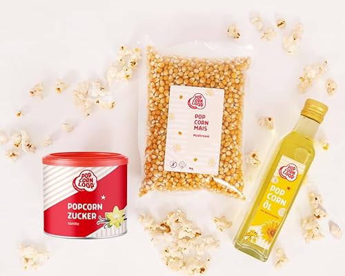 Popcornloop Zutaten Set mit Mushroom Mais je 1kg, Popcornzucker Vanille 300g und Popcornöl 250ml mit Butteraroma, für Popcorn Zuhause Partyset Popcornset für Popcornmaschine von popcornloop