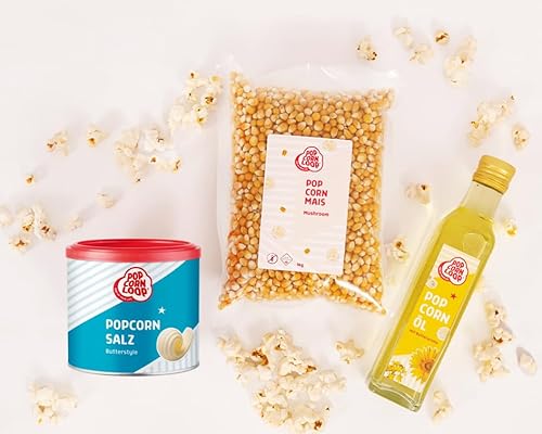 Popcornloop Zutaten Set mit Mushroom Mais 1kg, Popcornsalz Butteraroma 300g und Popcornöl 250ml mit Butteraroma, für Popcorn Zuhause Partyset Popcornset für Popcornmaschine von popcornloop