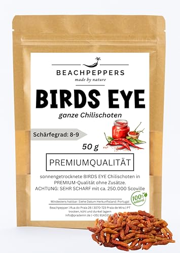 Birds eye Chili 50 g getrocknete Schoten | Chili getrocknet | für hot Sauce und Chili Sauce geeignet | Hot Ones Chilischoten Birdseye Chillischoten | Perfekt für Chili Mühle Chili Sehr Scharf von prademir