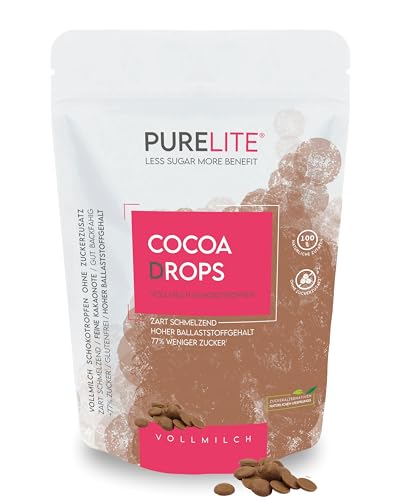 PURELITE Cocoa Drops Vollmilch 450g, Schokodrops ohne Zuckerzusatz mit Erythrit & Stevia ohne Nachgeschmack, Schokotropfen zum Backen, kalorienbewusst mit 77% weniger Zucker von purelite