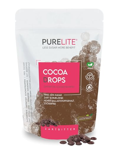 PURELITE Cocoa Drops zartbitter vegan 450g, feinherbe Schokodrops ohne Zuckerzusatz mit Erythrit & Stevia ohne Nachgeschmack, Schokotropfen zum Backen, kalorienbewusst, mind. 60% Kakao von purelite